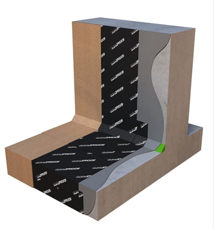 Wykamol SureProof self-adhesive membrane applied to the outside face of a basement wall and turned onto the slab